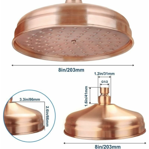 Koppar duschhuvud 8\" Diameter fast högt tryck duschhuvud