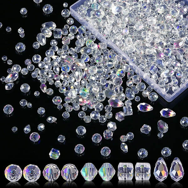 Pakkaus, jossa 600 viistehiottua helmeä, 4/6/8 mm:n kristallilasihelmiä, helmiä pujottamiseen, glitterhelmiä, kirkasta kristallilasia säilytysrasiassa askarteluun,