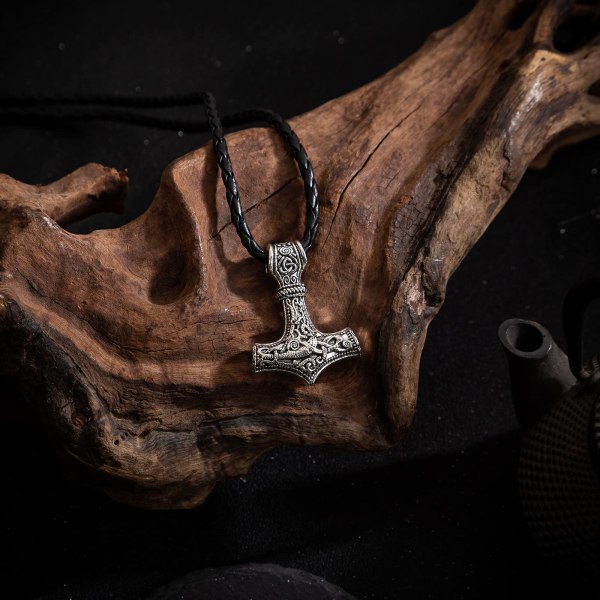 Vikingasmycke Tors hammare med läderhalsband Silver