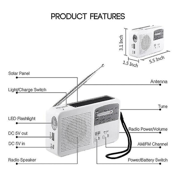 Nödradio med sol- och handvev, självladdad, batteriladdning via USB, FM/AM-radio, LED-ficklampa, telefonladdare