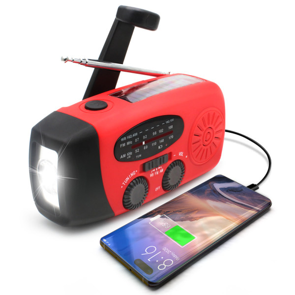 Vevaradio med solceller / ficklampa - 2000mAh Powerbank red