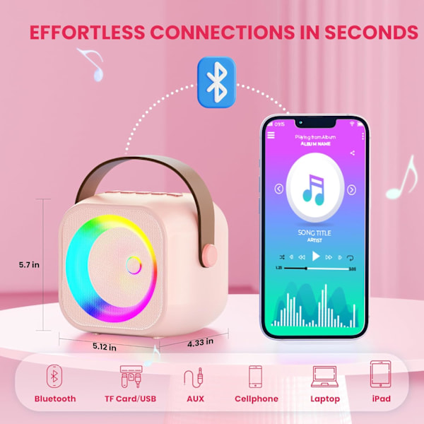 Karaokelaitteet lapsille ja aikuisille, Mini kannettava Bluetooth-karaokekaiutin 2 langattomalla mikrofonilla ja valoilla, syntymäpäivälahjat tytöille