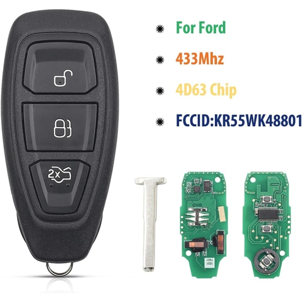 3 knapper bil fjernbetjening nøgle beskyttelse skal fald erstatning for Fo-rd Fiesta Mondeo Kuga Focus B-max C-Max S-max Galaxy -433 MHz 4D63 chip