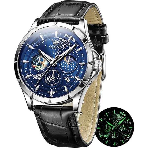 Watch Star Moon Phase Dial Vattentät självlysande kostym Pointer Quartz Watch Blue