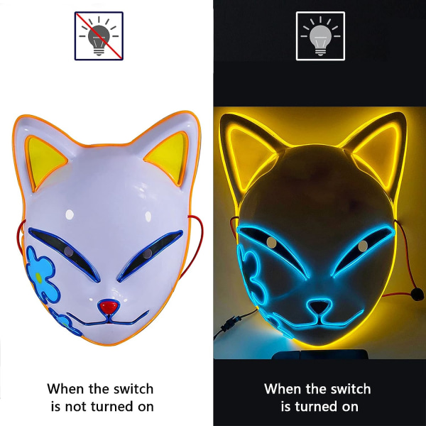 SINSEN Demon Slayer Fox Mask LED Cosplay Kattmask Japansk anime Halloween kostym rekvisita för barn Vuxna Yellow