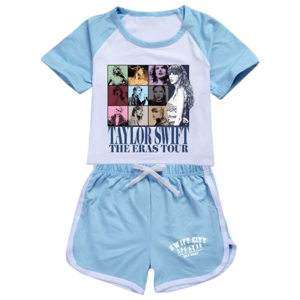 Barn Taylor Swiftie Pyjamas Set Kortärmad T-shirt+Shorts Outfit Födelsedagspresent Light blue 160cm