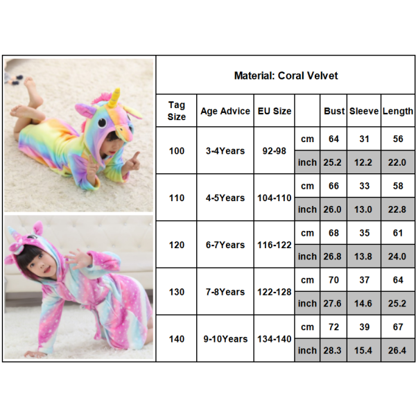 Barn badrock Animal Unicorn Pyjamas Nattkläder rosered 130 cm