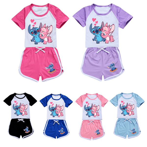 Barn Flickor Pojkar Lilo & Stitch Tryckt Kortärmad T-shirt+shorts Sport Outfit Set Flickor Träningsdräkt Light Blue 120cm