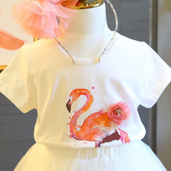 Flickor Barn Kortärmad Flamingo T-shirt Princess Party Outfits white 130cm