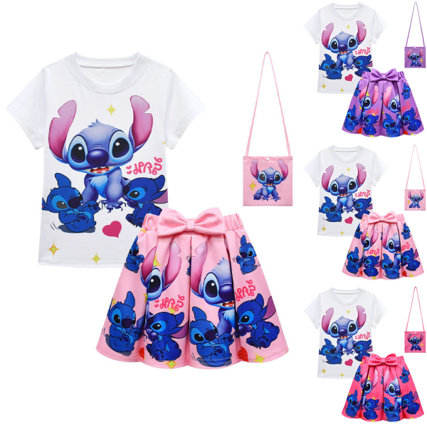 Lilo och Stitch Kostym Flickor T-shirt Plisserade Kjolar Med Väska Outfit Klänning Prinsessa Cosplay Klänning Purple 130cm