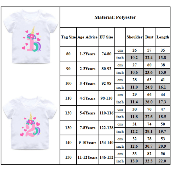 Girl Kid Sommar Unicorn Tecknad siffra All-match Kort ärm E 80cm