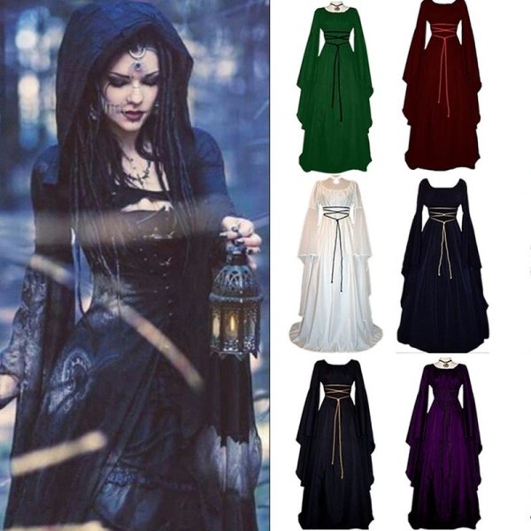 Halloween Medeltida Lång Maxi Klänning Gotisk Cosplay Kläder white