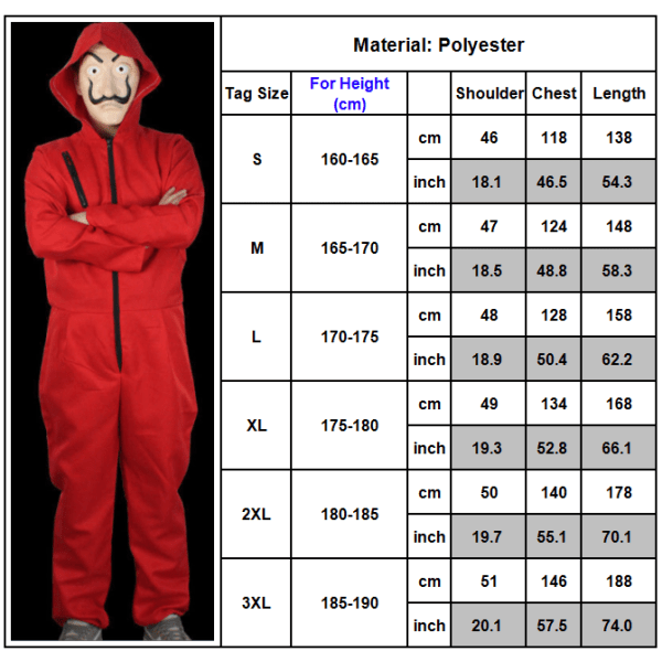 Halloween Cosplay La Casa De Papel Kostym Jumpsuit Mask clothes+mask(long)