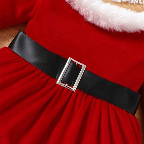 Julkläder för småbarn, flicka, julklänning, röd, långärmad, sammet, tomteklänning, prinsessfestklänning med pannband Red 2-3Y