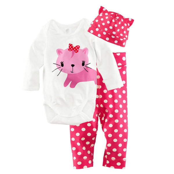 Nyfödd Bebis Kläder Pojke Flicka Långärmad Romper Toppar + Byxor + Hatt Outfit Set Rose red polka dot cat 95cm