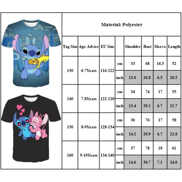 Barn Pojkar Flicka Lilo Stitch Tecknad Casual Kortärmad T-shirt T-tröja Jul Halloween present A 130cm