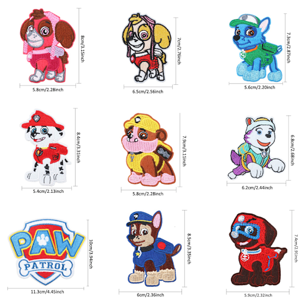 9PCS PAW Patrol Cartoon Broderade DIY Sy På/Stryg På Applikation Reparation Pletter 9PCS