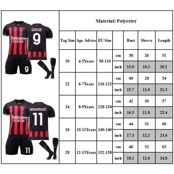 Rafael Leao #17 fotbollströja barn Jersey A.c. Milan Jersey Soccer Worls Cup Football Shirt Set #9 6-7Y