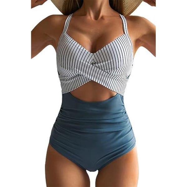 Simdräkt i ett stycke för kvinnor ihålig Monokini baddräkt sommar Stripes+blue XL