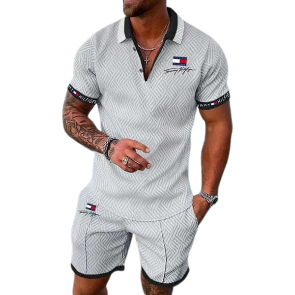 Män Casual Set Sportwear Gym Fitness Sets Mode Sommar Kortärmad T-shirt Shorts Set White XL