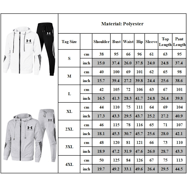 Männs Tracksuit 2-delad Höst Vinter Casual Solid Jogger Sport Gym Full Zip Jacka Sweatsuit Långärmad Huvtröja och Sweatpants Set White L