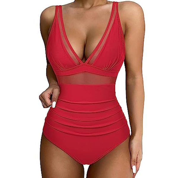 Polstret bikini badedragt til kvinder mesh ét stykke monokini badetøj svømmedragt Red M