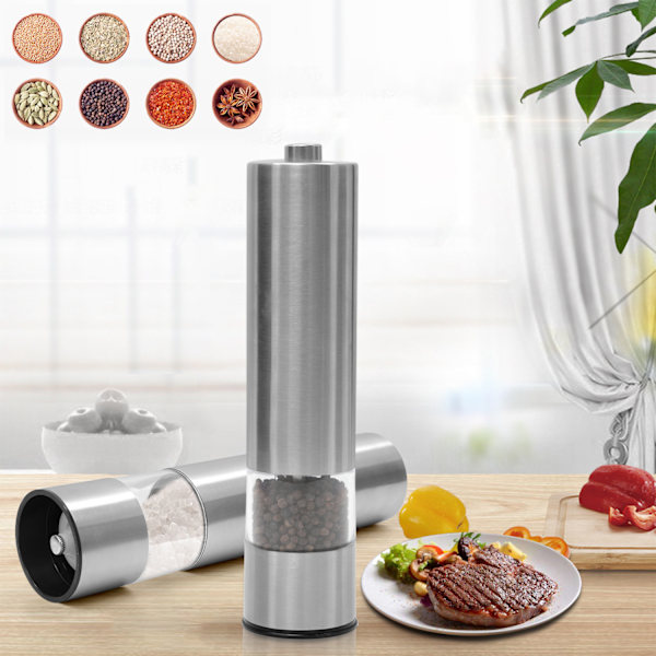 Elektrisk pepparkvarn saltkvarn, med justerbar keramisk kvarn 2-pack rostfritt stål kryddkvarn batteridriven med LED