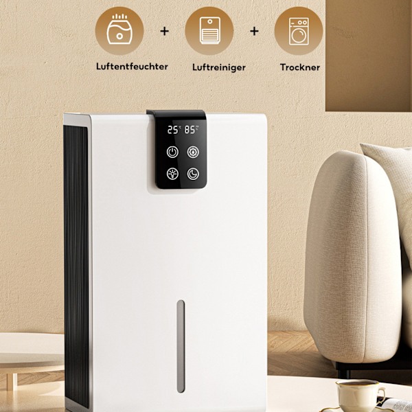 Luftavfuktare, 3-i-1 & 90W Intelligent Elektrisk Avfuktare, Portabel Multifunktionell med LCD-Display, 2.8L, Tyst Tork, Med Sovlägesfunktion