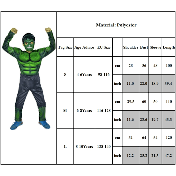 Hulk Avengers Pojkbarn Deluxe Marvel Superhjälte Kostym Jumpsuit + Mask Halloween Cosplay L