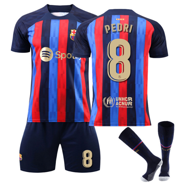 Barcelona hemma nr. 10 Messi nr. 9 Lewandowski Sportswear Set Barn Pojkar Fotbollssats Träningsoverall Set Skjorta Shorts Strumpor Jersey Outfit Sportkläder #8 20