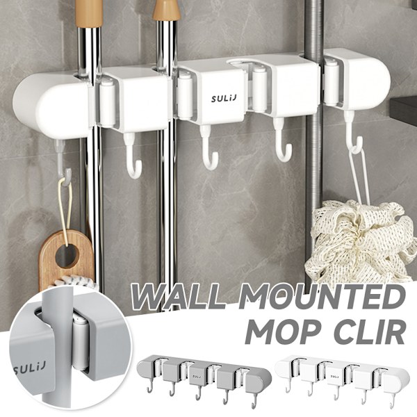 Multifunktionel moppeholder med kroge, moppe- og kosteholder uden huller, vægmonteret kosteholder White