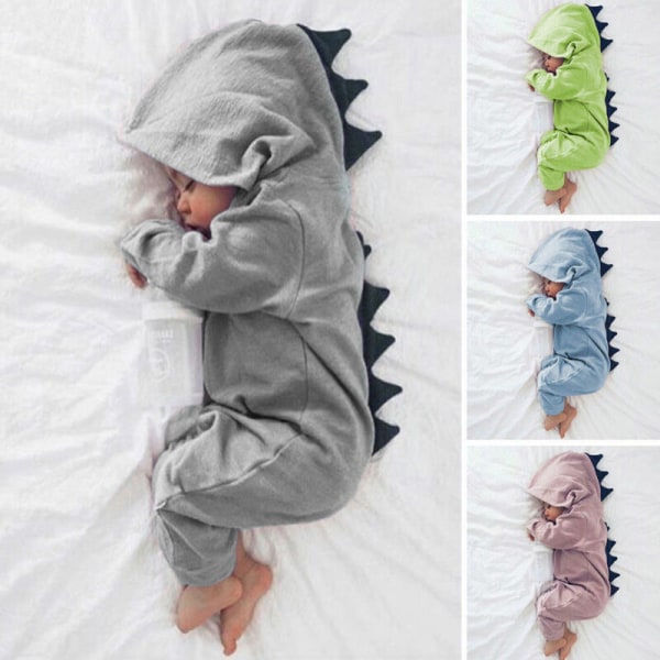 Barn Baby Flicka Dinosaur Huvad Romper Jumpsuit Pyjamas Sovkläder Grey 12 Months