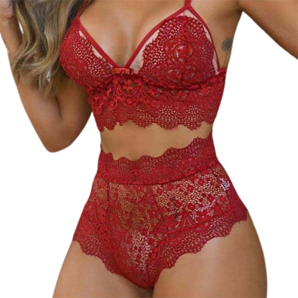 Mjuk spets push-up bh-set med högt midjehöga trosor, nattkläder Wine red XL