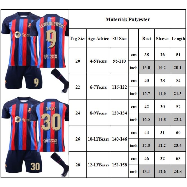 Barcelona hemma nr. 10 Messi nr. 9 Lewandowski Sportswear Set Barn Pojkar Fotbollssats Träningsoverall Set Skjorta Shorts Strumpor Jersey Outfit Sportkläder #8 22