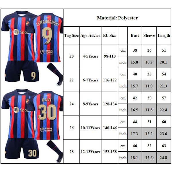 Barcelona Hemmadräkt No. 10 Messi No. 9 Lewandowski Sportkläder Set Barn Pojkar Fotbollsutrustning Spårkläder Set Tröja Shorts Strumpor Jersey Outfit Sportkläder #9 28