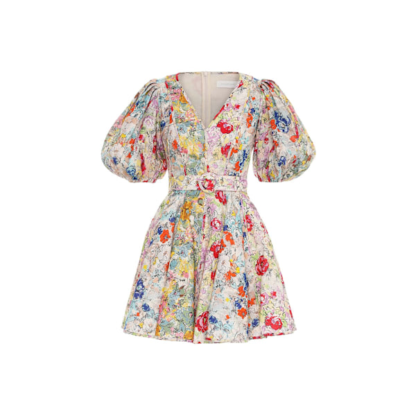 CLOVER PANEL MINI KJOLE Dame Slips Slids Flæsehals Bobleærme Elastisk Talje Boho Blomsterkjole M