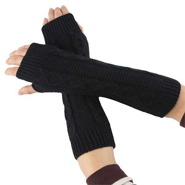 Dame Tommelfingerhul Strikkede Fingerløse Handsker Varmere Vanter Gave Black