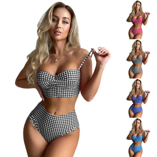 Dam Push Up Bikini Vadderad Lattice Baddräkt Set Hög midja Badkläder Simdräkt Black L