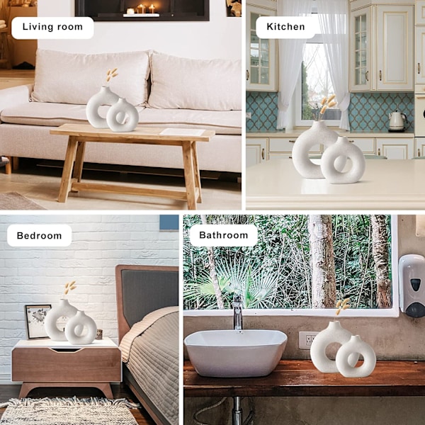 Keramisk vas, mjölkvit matt dekorativa vaser, handgjord rund vas, kreativ handgjord torkad blomsterbehållare, heminredning för kontor (set om 2)