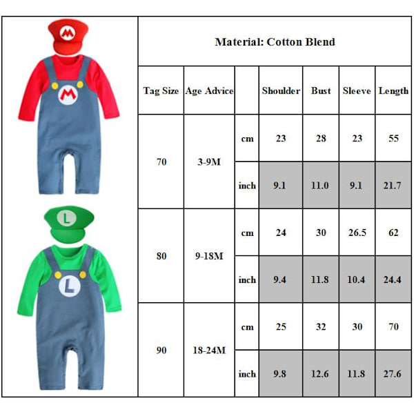 Baby Cosplay Krypande + Hatt Dräkt Super Mario Bros Kostym 0-2 År green 80ccm