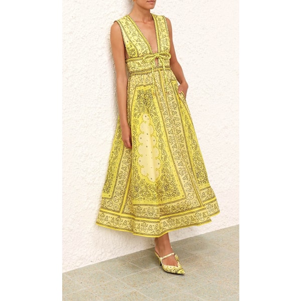 MATCHMAKER BOW LANG KJOLE Damekjole Retro Vintage Blomstermønster Boho Ærmeløs Kjole Beklædning Kvinder Sommer 2025 Lang Kjole Yellow M