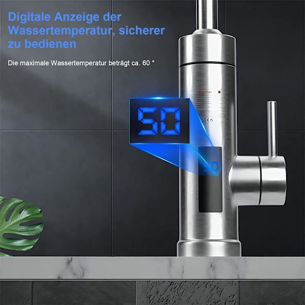 Elektrisk 30-60° vandhane med temperaturdisplay, rustfrit stål 304, 360° drejelig, husholdningsbrug, digitalt display, 3-sekunders opvarmning