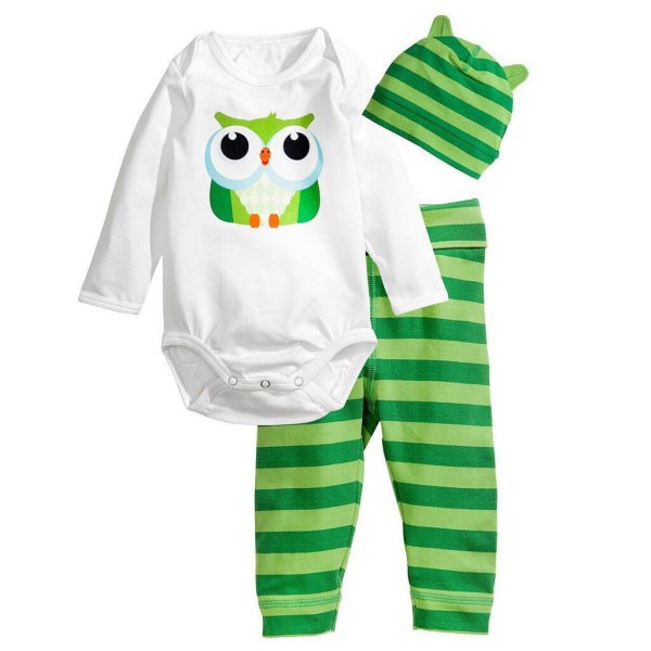 Newborn Baby Kläder Pojke Flicka Långärmad Romper Toppar + Byxor + Hatt Outfits Set Green striped owl 80cm