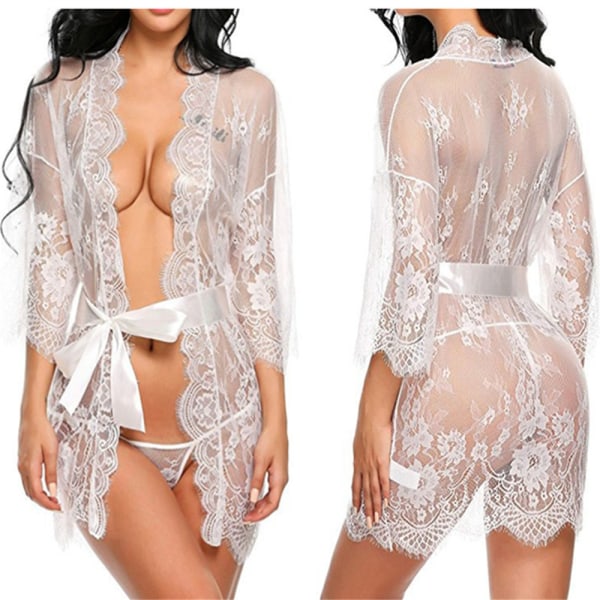 Kvinnors Spets Kimono Genomskinlig Robar Dam Sexig Lingerie Nattkläder Dressing Gown White S