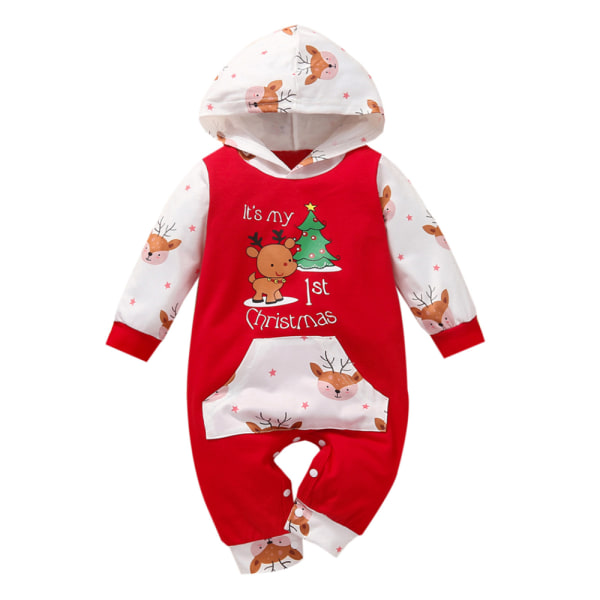Barn Baby Christmas Printed Hooded Långärmad Romper Set red 80cm