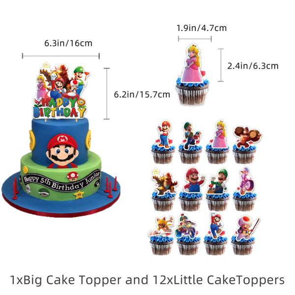 Super Mario Birthday Party Supplies inkluderar Banner Cake Toppers