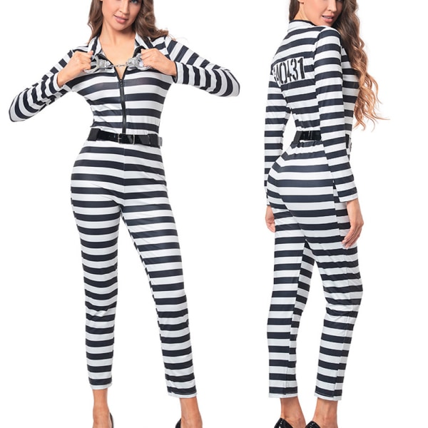 Kvinnor Stripe Prison Jumpsuit med bälte Cosplay kostym L