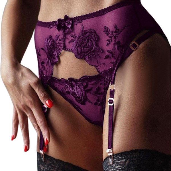 Dam Sexy Spets Strumpebandspanty Lingerie Suspender T-string Set Nattlinne Purple M