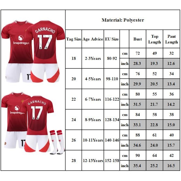 2024-2025 Red Devils Hemmatröja Barn Fotbollströja Set Nr. 17 GARNACHO Fotbollsträningsuniform 28