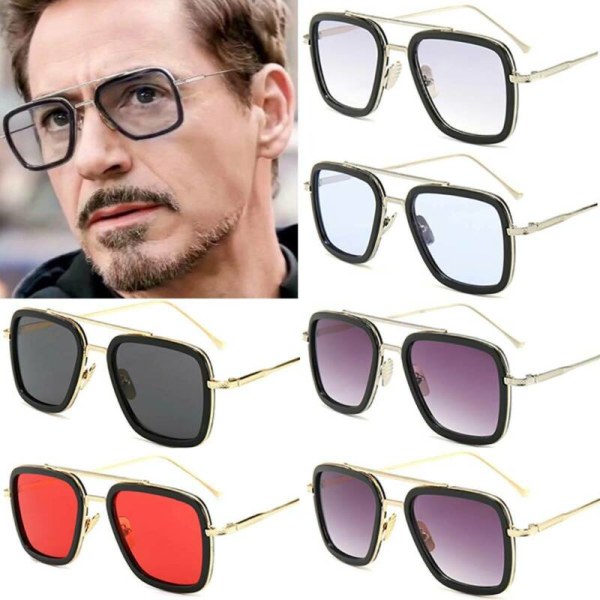 Unisex Marvel Avengers Iron Man Square Metal Solglasögon glasögon Gold Frame Black Lenses